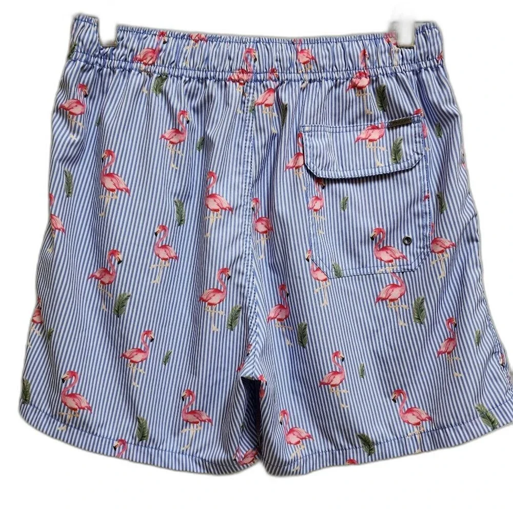 Vintage Summer Men Blue Striped Pink Flamingo Swim Trunks Size L Beach Vacation